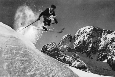 Skifahrer am Wendelstein um ca. 1950, © Archiv der Wendelsteinbahn GmbH